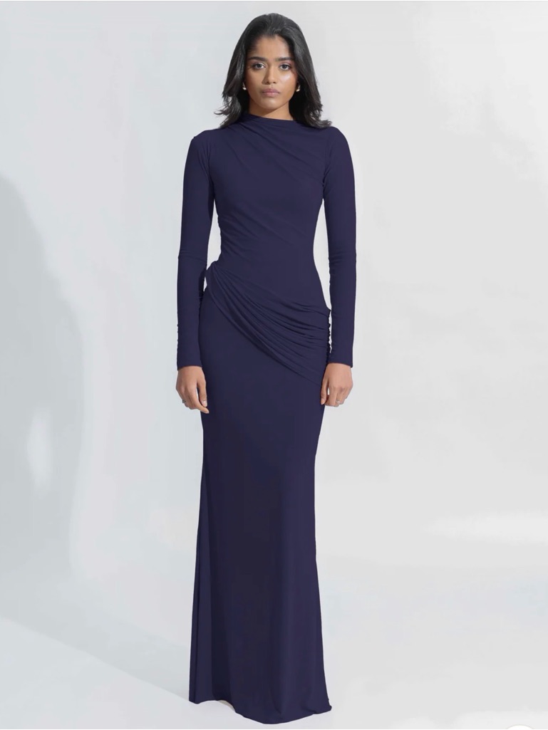 Long Sleeve Navy Side-Ruched Maxi Dress